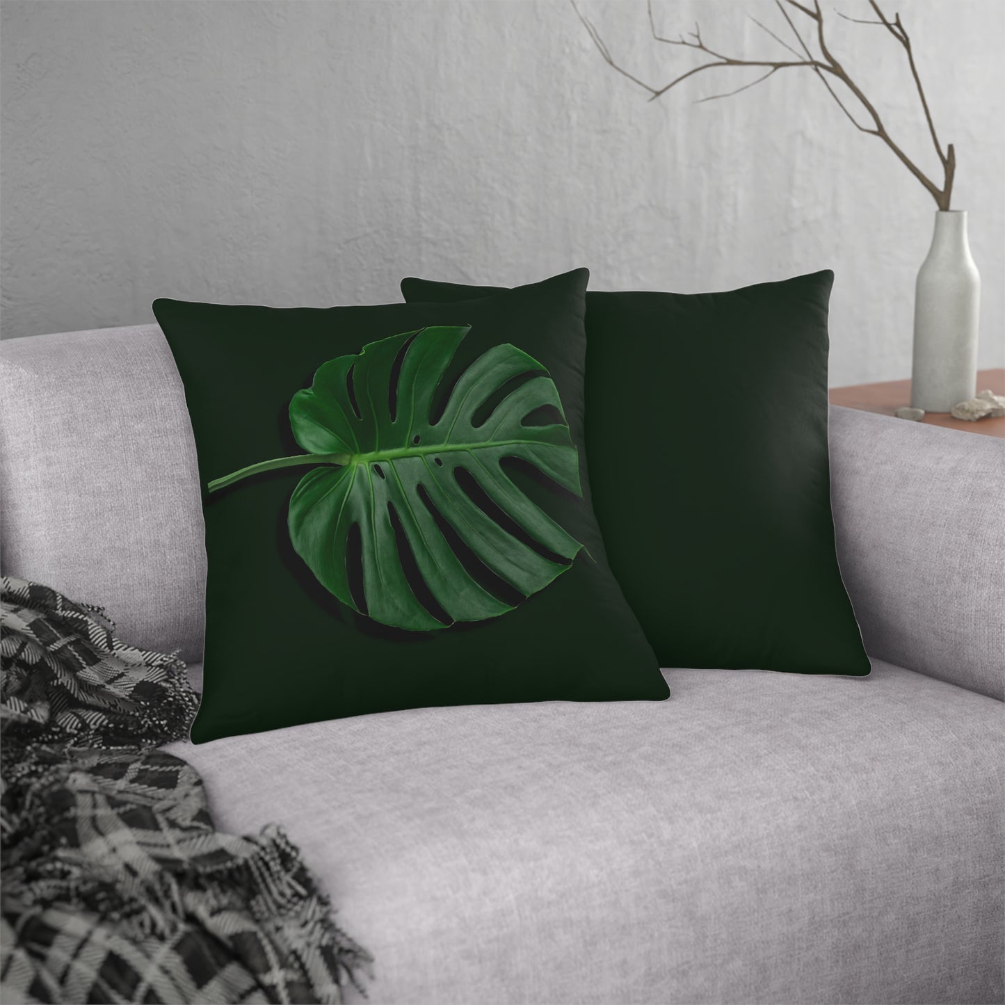 Monstera Leaf Waterproof Pillows - Reversible Plain Green Back