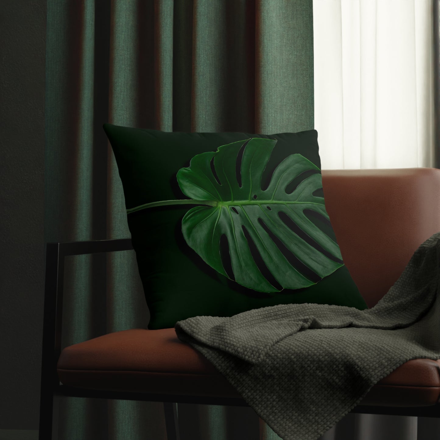 Monstera Leaf Waterproof Pillows - Reversible Plain Green Back