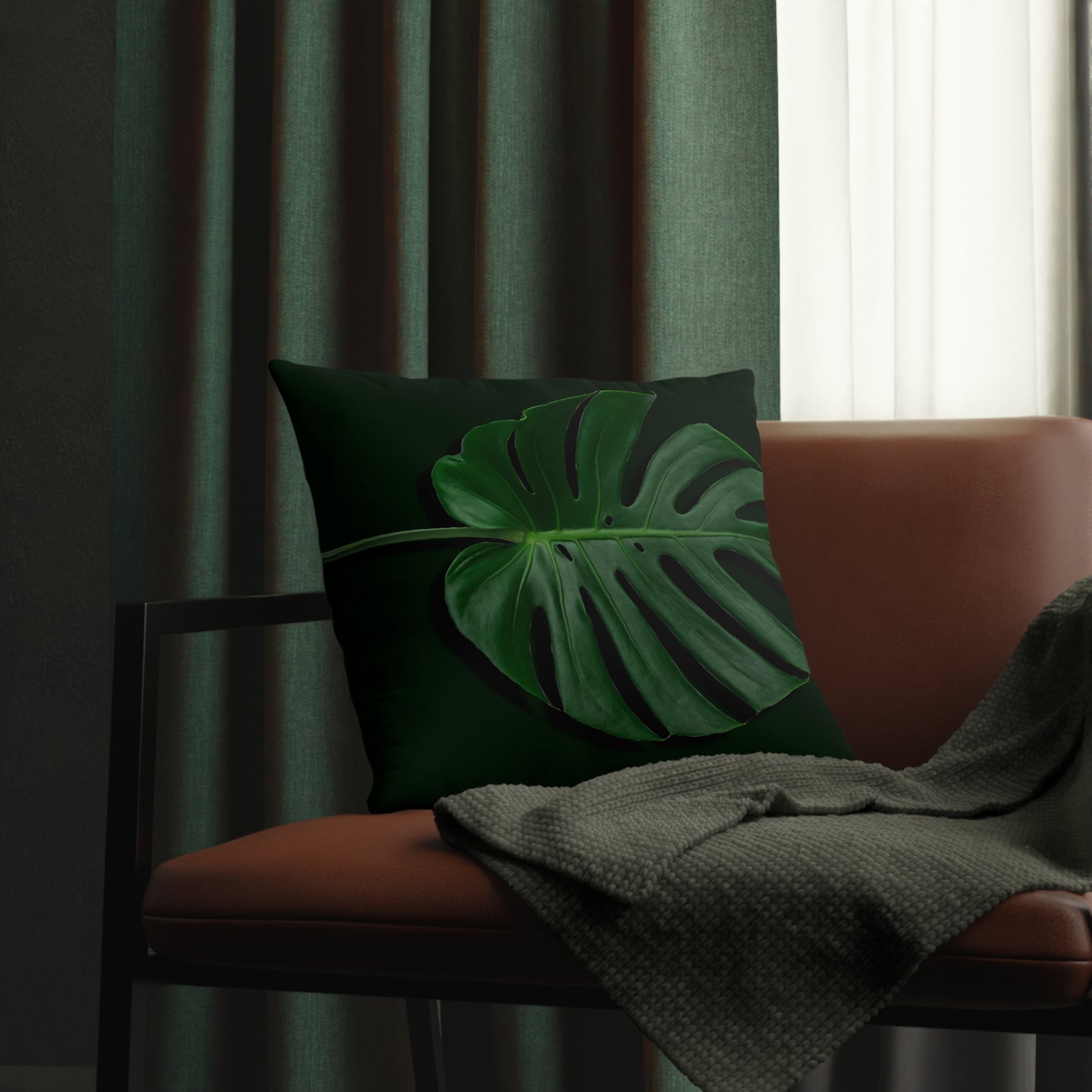 Monstera Leaf Waterproof Pillows - Reversible Plain Green Back