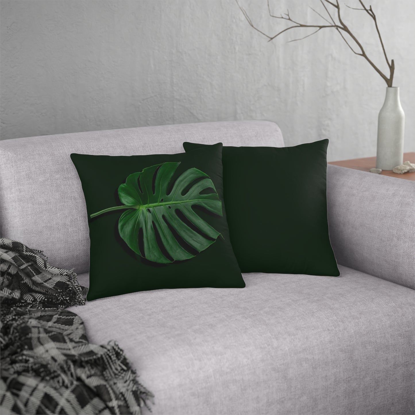 Monstera Leaf Waterproof Pillows - Reversible Plain Green Back