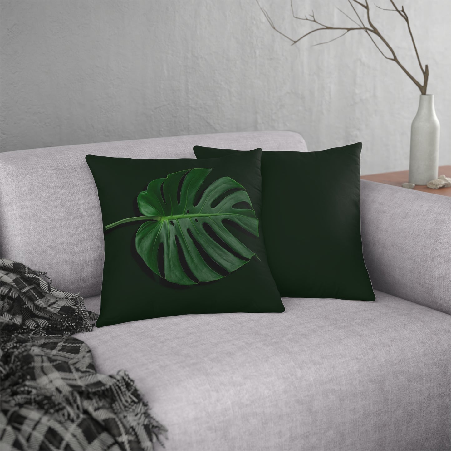 Monstera Leaf Waterproof Pillows - Reversible Plain Green Back