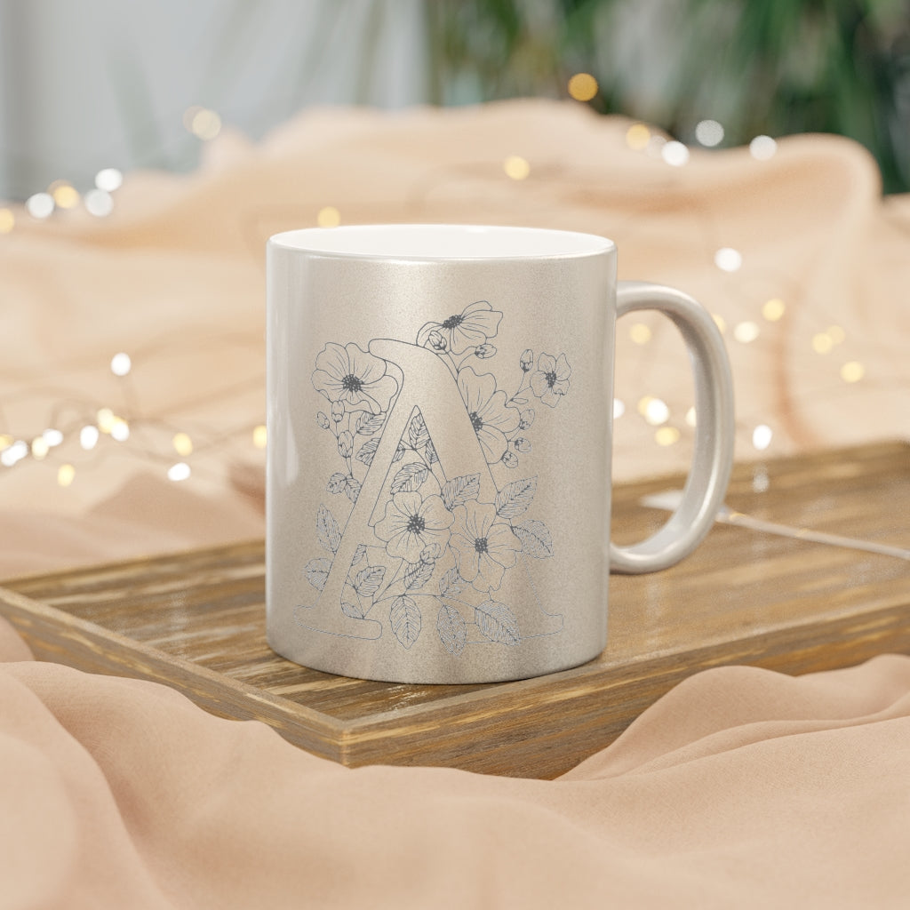 Vintage Style Rose Metallic Mug (Silver) - Letter "A" Floral Monogram Initial