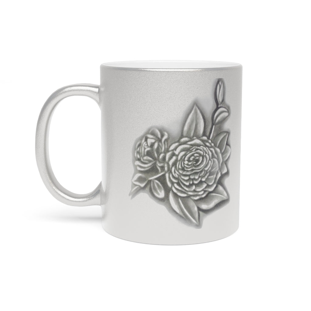 Vintage Style Rose Metallic Mug (Silver) - Letter "A" Floral Monogram Initial