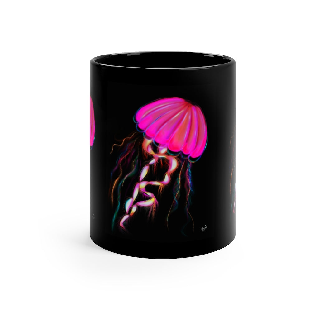 Hot Pink Electric Jellyfish Black Coffee Mug, 11oz