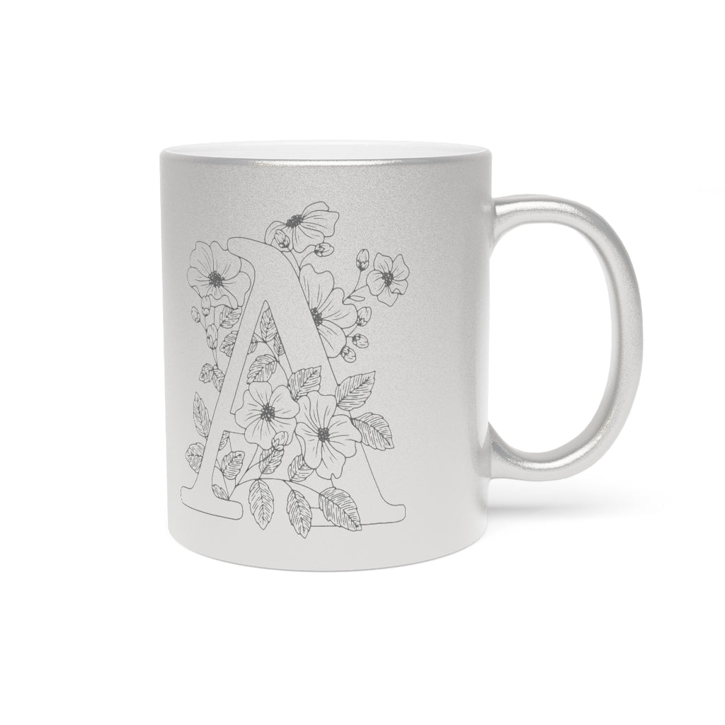 Vintage Style Rose Metallic Mug (Silver) - Letter "A" Floral Monogram Initial