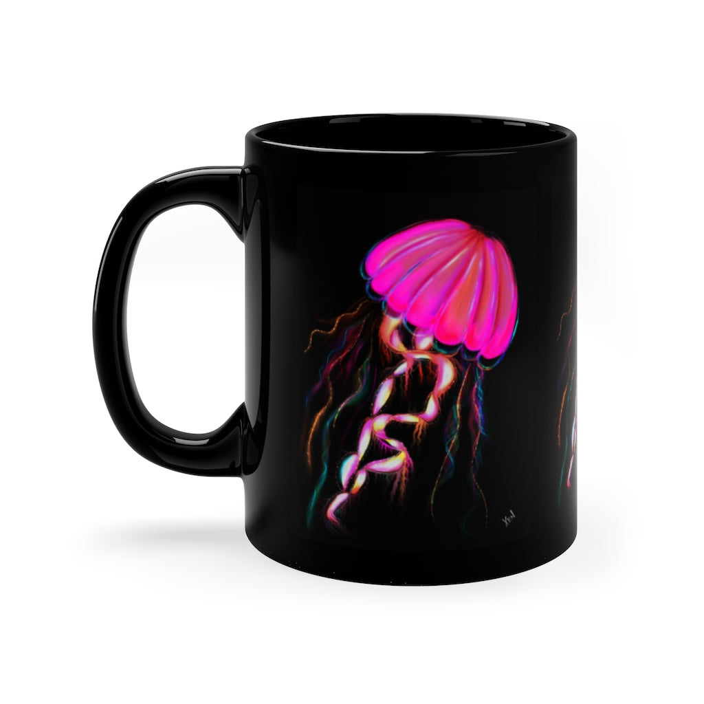 Hot Pink Electric Jellyfish Black Coffee Mug, 11oz