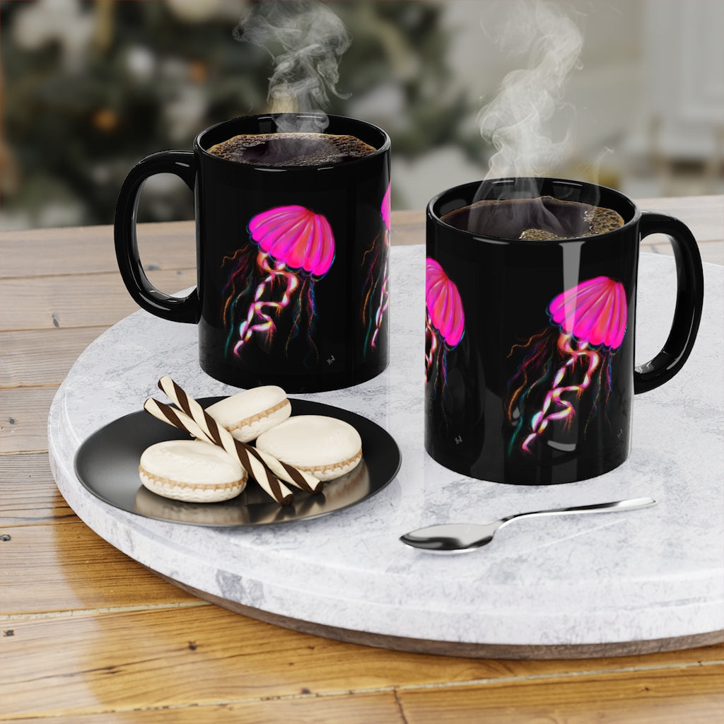 Hot Pink Electric Jellyfish Black Coffee Mug, 11oz