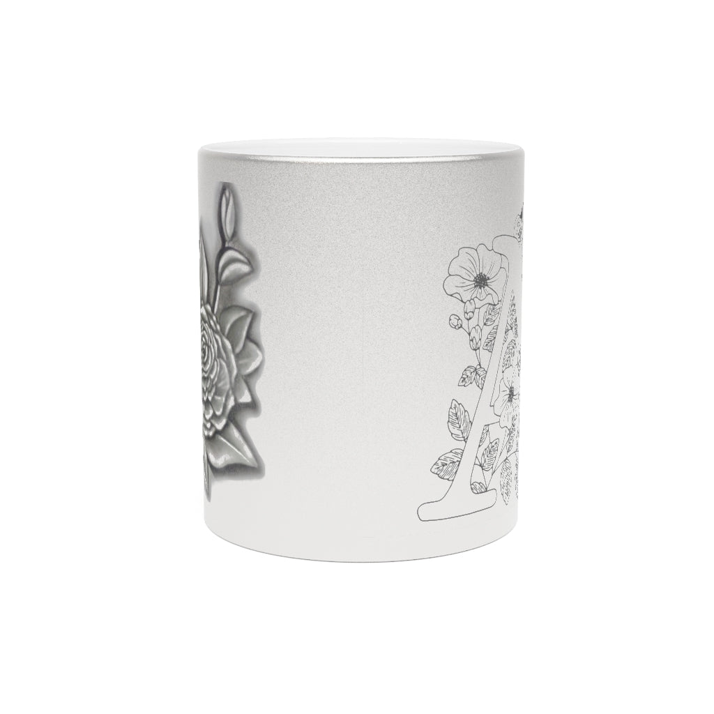 Vintage Style Rose Metallic Mug (Silver) - Letter "A" Floral Monogram Initial