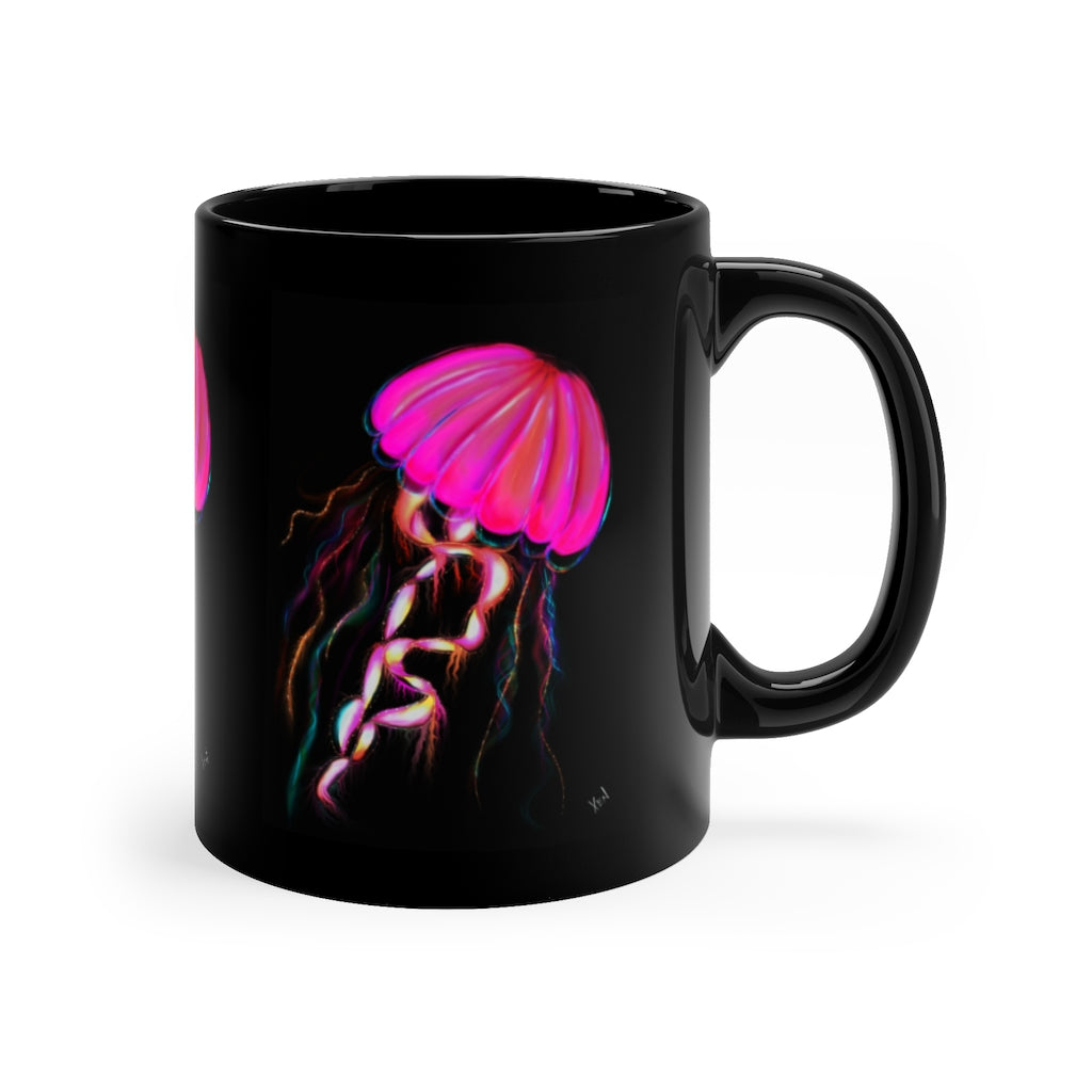 Hot Pink Electric Jellyfish Black Coffee Mug, 11oz