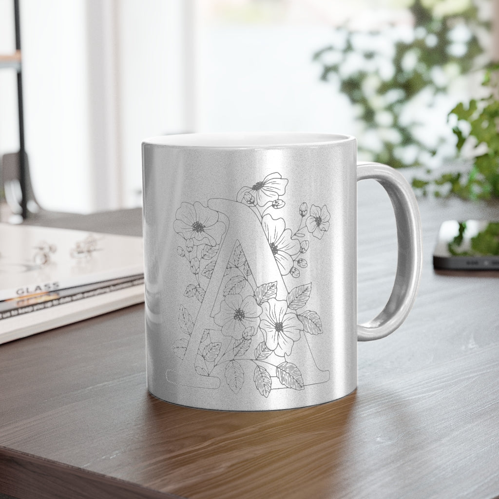 Vintage Style Rose Metallic Mug (Silver) - Letter "A" Floral Monogram Initial