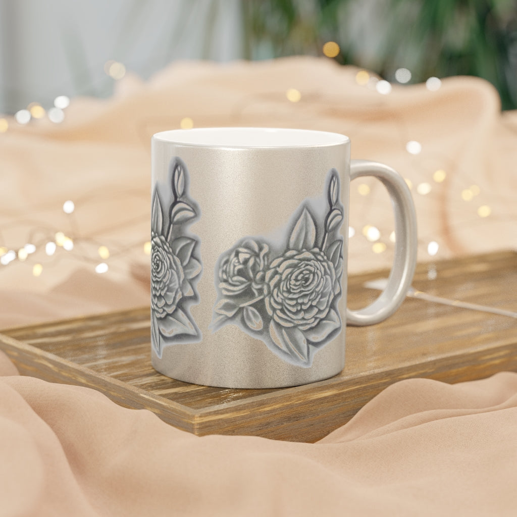 Vintage Style Rose Metallic Mug (Silver)